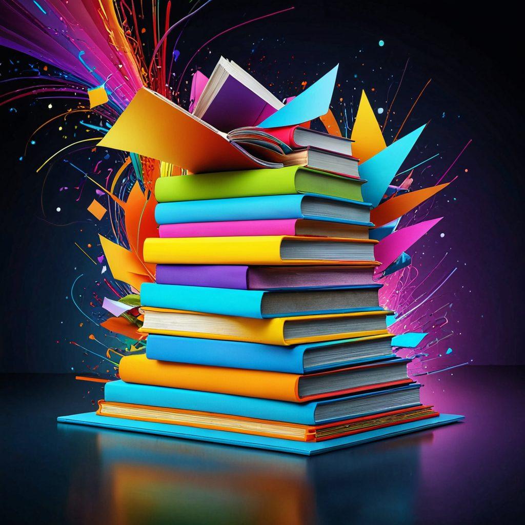 A dynamic scene depicting a stack of colorful books morphing into various image file icons, illustrating a seamless transition from physical pages to digital pictures. Include elements like a computer screen displaying different file formats, surrounded by a vibrant swirl of colors representing creativity and technology. Abstract backgrounds with hints of digital patterns can enhance the visual appeal. super-realistic. vibrant colors. high-tech. abstract.