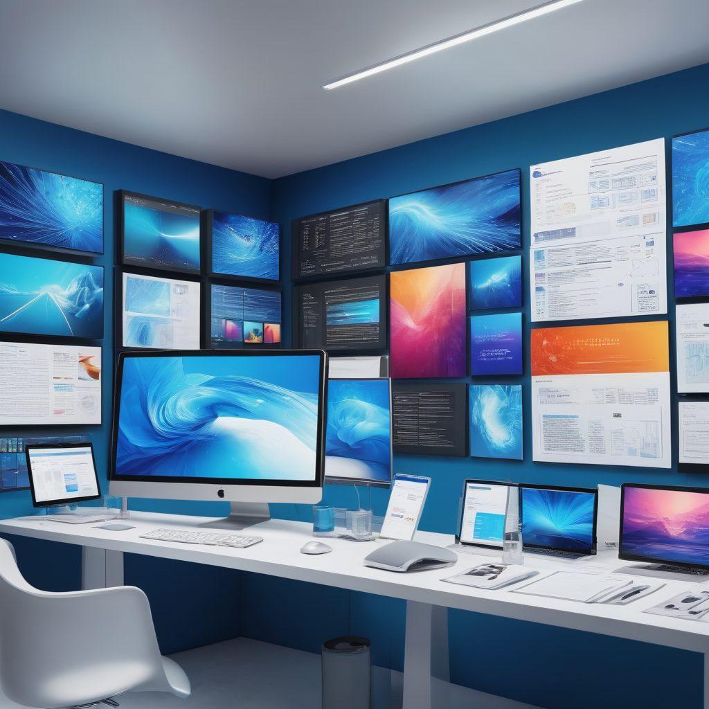 A vibrant, high-tech workspace featuring a digital screen displaying a seamless PDF to JPG conversion process, with colorful images transforming from document to vivid JPGs. Include abstract representations of freedom, like open doors or flying paper, and show tools like a cursor and software icons enhancing the creativity. The background should be a gradient of blues and whites, symbolizing clarity and innovation. super-realistic. vibrant colors. abstract elements.